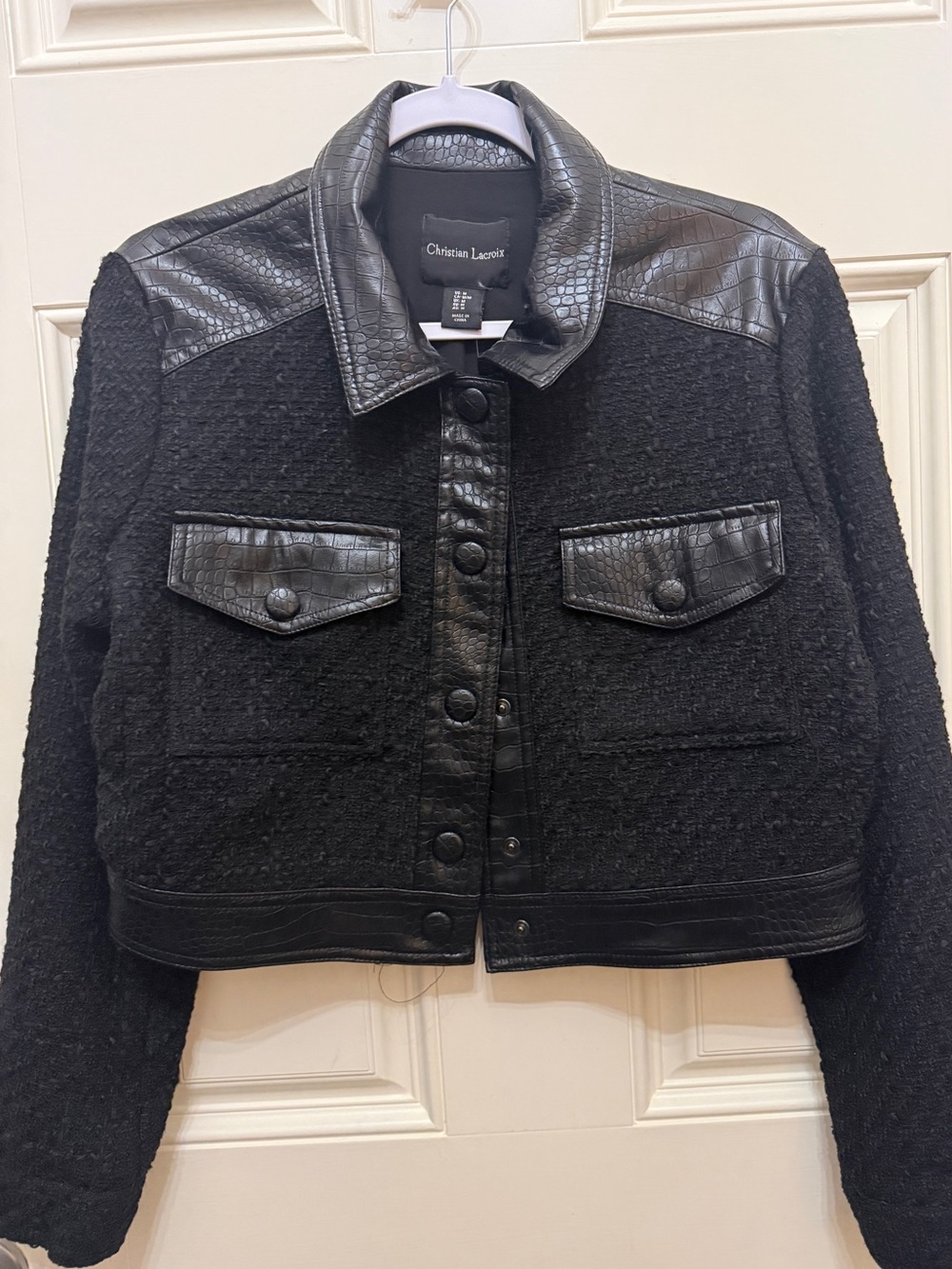 Christian Lacroix Black Tweed Bouclé Croc Trim Cropped Jacket NWOT size medium